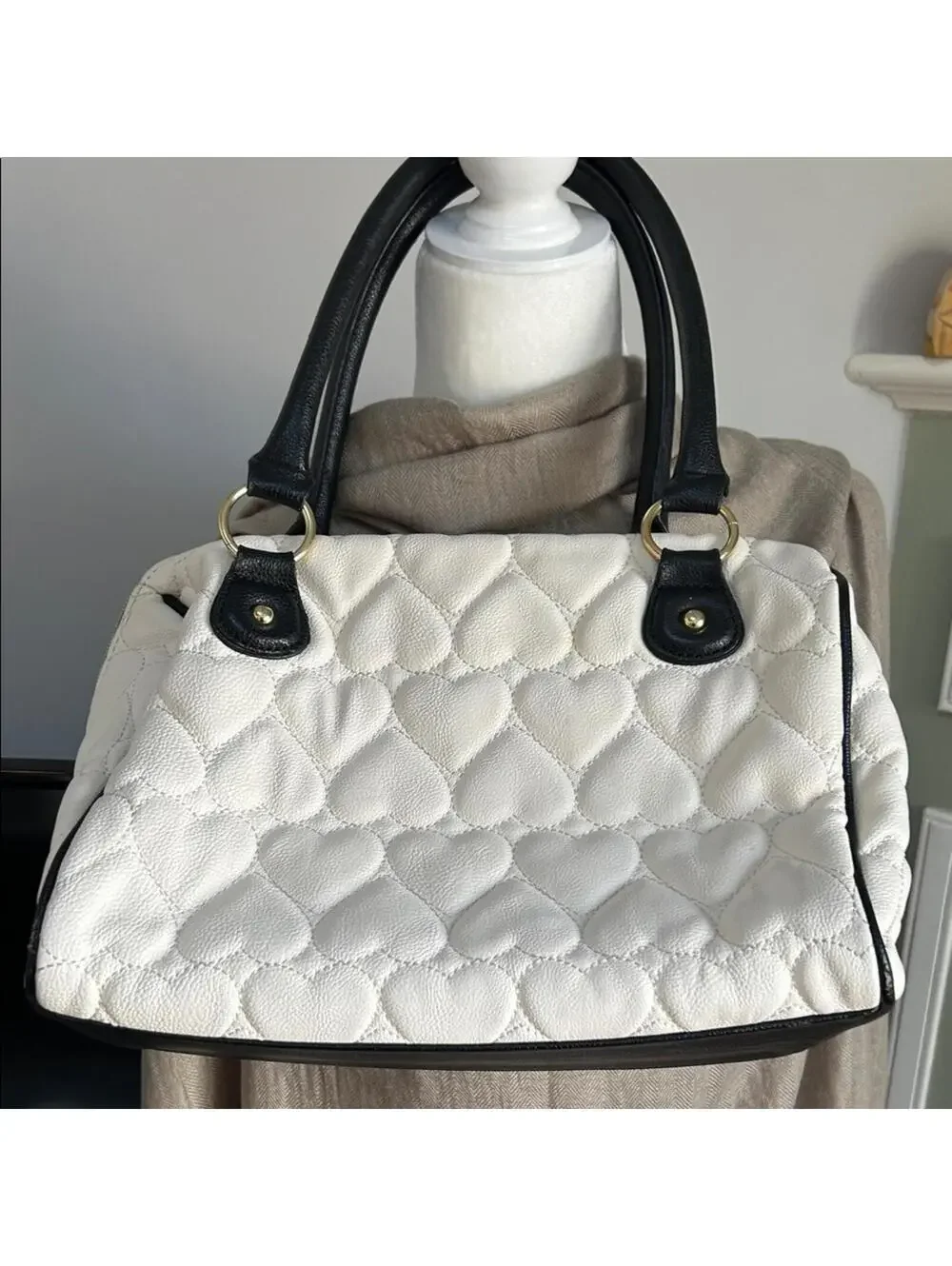 Betsey Johnson White Heart Quilted Satchel with Black Handles